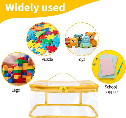 3 Packs Clear Toy Storage Bags- 9.4 x 6.7 x 4.3 Inch Transparent PVC Toy Organizing Bags with Zipper- Waterproof Toy Storage Organizer Pouch for Building Blocks, Small Toys (Yellow)