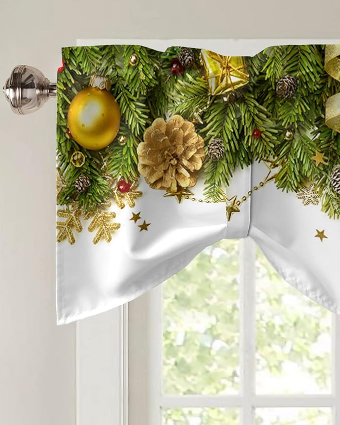 Christmas Blackout Tie Up Valance Curtains for Kitchen Windows Pine Cones Window Toppers Balloon Shades for Living Room/Bathroom/Bedroom,1 Panel,42" X 12" Golden Ornament Balls