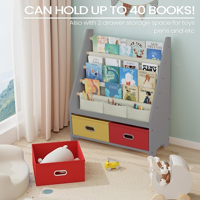 4 Tier Kids Book Shelf, Wooden Kids Book Rack, Grey Kids Bookshelf with Toy Storage Organizer, Toddler Sling Bookshelf for Boys, Girls, Kids Room, Red/Yellow