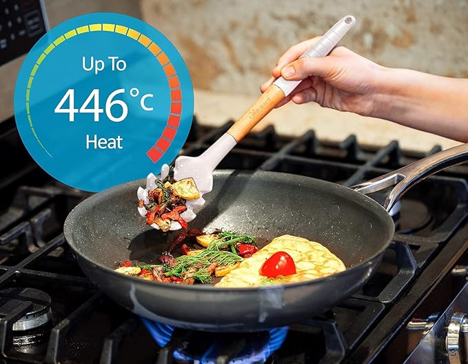 Silicone Cooking Utensils Set (6 pcs) Natural Wood Kitchen Utensils – Eco Friendly & BPA Free, Non-Scratch & Non-Stick Easy Grip -White