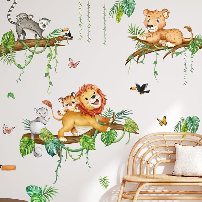 Cartoon Animal Wall Stickers - Fun Lion and Tropical Plant Design, 2 Sets of 3 Stickers Each