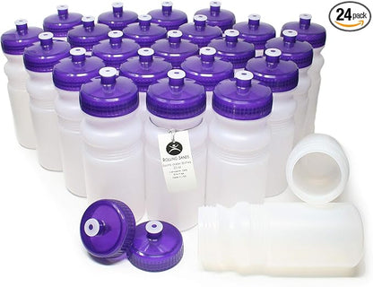 Rolling Sands 20 Ounce Sports Water Bottles 24 Pack, BPA-Free, Made in USA, Dishwasher Safe, Clear Frost Bottles/Purple Lids