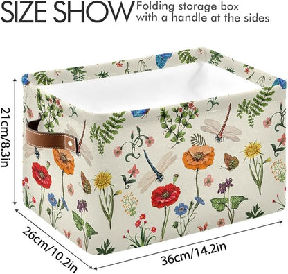 Spring Flowers Herbs Dragonfly Storage Basket Fabric Laundry Baskets Sunflower Lavender Daisy Storage Boxes Organizer Bag for Baby Cloth Dog Toy Book Storage Cubes Shelf Closet Bins 16x12x8 Inches