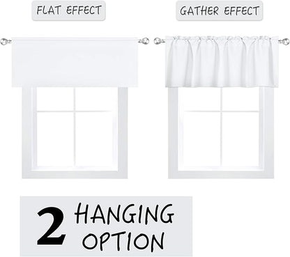 4 Panels White Valance for Windows 42x18 Inch Solid Thermal Insulated Blackout Rod Pocket Kitchen Short Curtain Toppers Valance for Bathroom Living Room