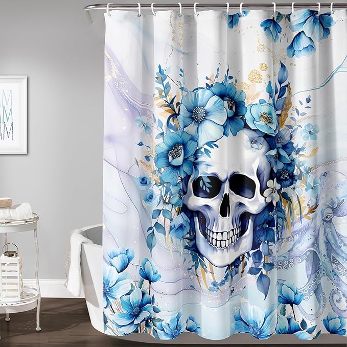 AILONEN Sugar Skull Blue Shower Curtain, Watercolor Floral Skull Octopus Printed Bath Curtain,Bathroom Waterproof Shower Curtain for Boys Girls 72" W x 78" H,with 12 Plastic Hooks