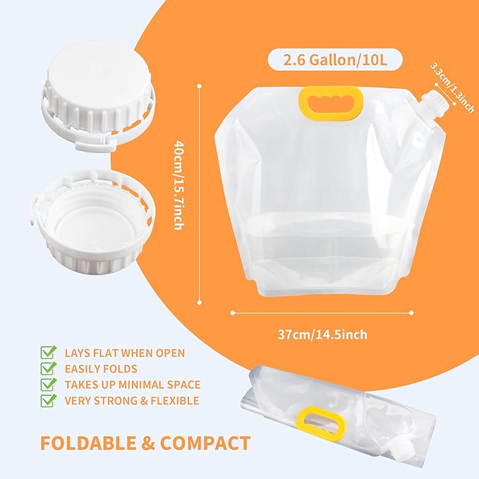 3Pack Collapsable Emergency Water Storage Bag, 2.6 Gallon No-Leak Freezable Camping Water Container Bag, BPA Free Food Grade Clear Plastic Storage Water Jug for Outdoor Sport Hiking Mountaineer