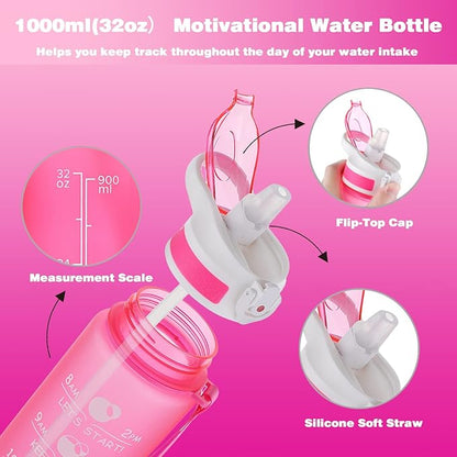 Prometheuz 32oz Water Bottle with Straw, Motivational Water Bottle with Time Marker, Water Bottles Leakproof & BPA-Free for Sports, Work and Fitness Pink