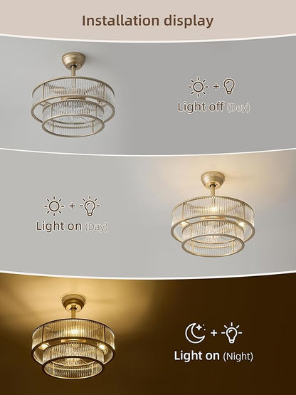 20" Gold Crystal fandelier Ceiling Fan with Lights,Gold Caged Chandelier Ceiling Fan with Light Remote Control,Enclosed Mid Century with 6 Speeds for Bedroom,Living Room,Nursery