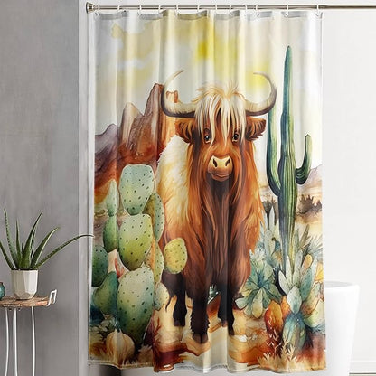 AILONEN Yak Shower Curtain Set, Desert Cactus Yak Polyester Waterproof Shower Curtain,Watercolour Sunset Warm Yellow Cloth Bath Curtain Set with Plastic Hooks,72" Wx72 H