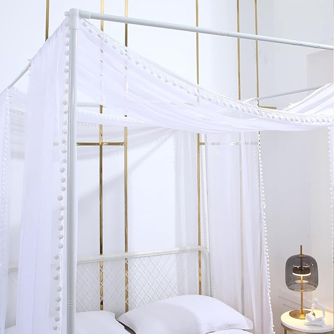 Akiky Pom Pom Canopy Bed Curtains Princess Bed Canopy Scarf for Full/Queen Metal Bed Frame,Wood Frame Bed-2 Panel Sheer Canopy Curtain(White)