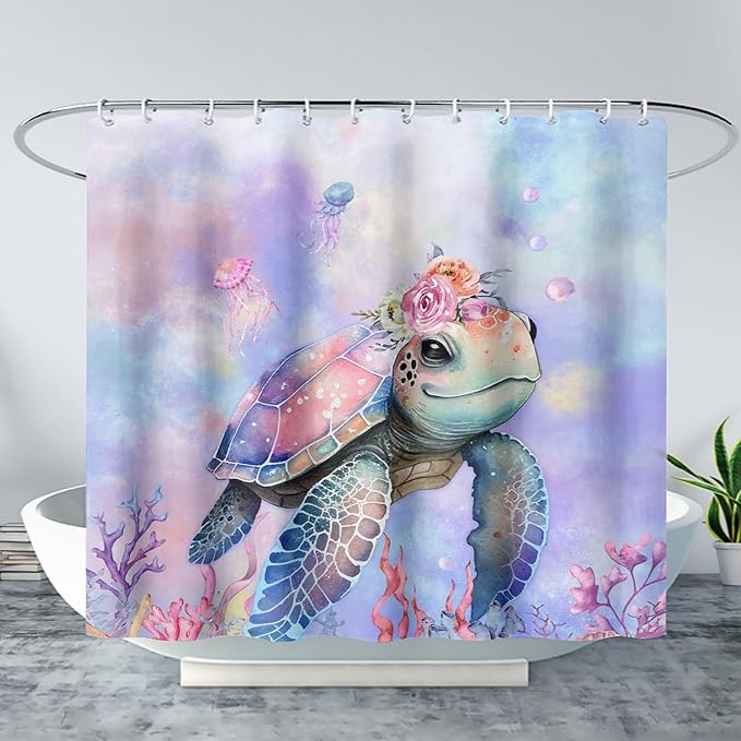 AILONEN Kawaii Sea Turtle Shower Curtain,Tie Die Turtle Bath Curtain Cloth Fabric Bathroom 60" W*72" H Inch,12 Pack Hooks for Kids Child Cute Watercolor Pink Sea Animal Bathroom Curtain