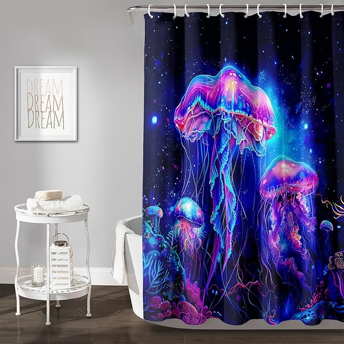 AILONEN Jellyfish Shower Curtain,Cartoon Magic Jellyfish Waterproof Fabric Shower Curtain Set for Bathroom,Boho Style Starry Night Coral Bath Curtain with Hooks for Kids Girls, 72" W*72" H