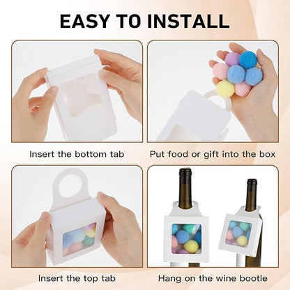 Gjinxi Kraft Paper Wine Bottle Box 10 Pcs Hanging Foldable Gift Boxes with Window Hanging Wine Accessory Sets Folding White Bags Hanger Favor Box for Kitchen Dining Engagement Decoration