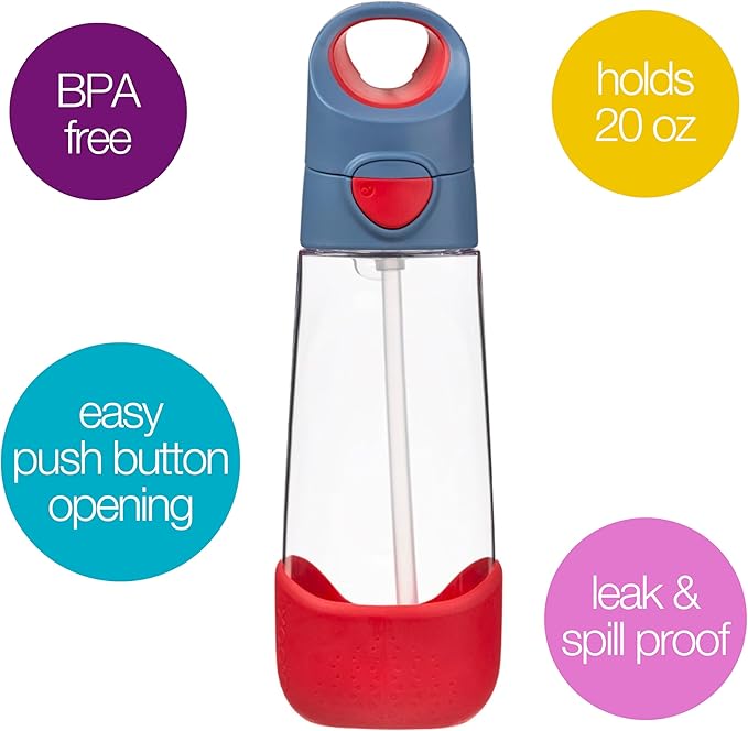 b.box 20oz Tritan Straw Bottle: Large Kids Water Bottle with Flip Straw for School, Daycare. Spill Proof, Leak Proof, Dishwasher Safe, BPA Free (Blue Blaze, 20 oz)