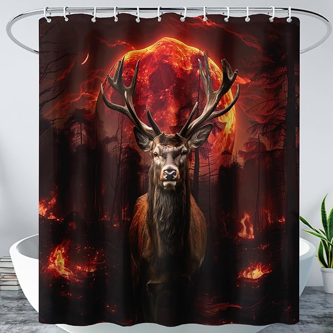 AILONEN Deer Hunting Shower Curtain for Boys,Moon Flame Fire Elk Bath Curtain for Bathroom,Print Polyester Waterproof with 12 Plastic Hooks 72" W*84" H