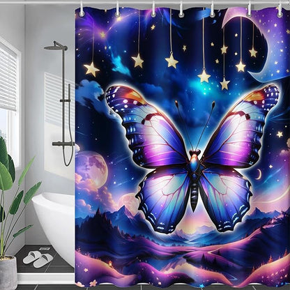 AILONEN Butterfly Shower Curtain for Girls, Fairy Purple Clouds Print Starry Butterfly Bath Curtain,Fantasy Moon Butterfly Decoration Bathroom Waterproof Curtain with 12 Plastic Hooks, 72" W*78" H
