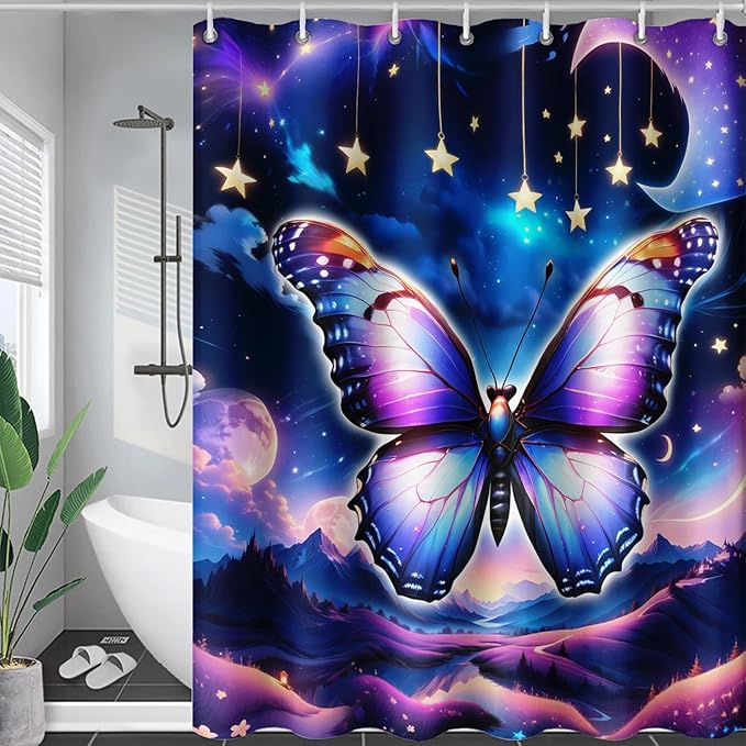 AILONEN Butterfly Shower Curtain for Girls, Fairy Purple Clouds Print Starry Butterfly Bath Curtain,Fantasy Moon Butterfly Decoration Bathroom Waterproof Curtain with 12 Plastic Hooks, 72" W*84" H