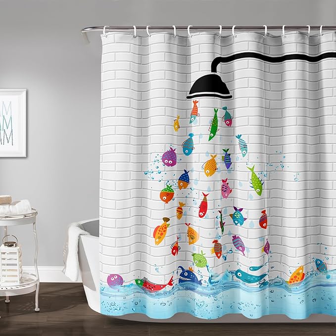AILONEN Cute Fish Shower Curtain for Kids 72" W*72" H Inch,Raining Fish Playing Water Shower Curtains,12 Pack Hooks Polyester Waterproof Fabric Decor for Bathroom Bathtub Panels