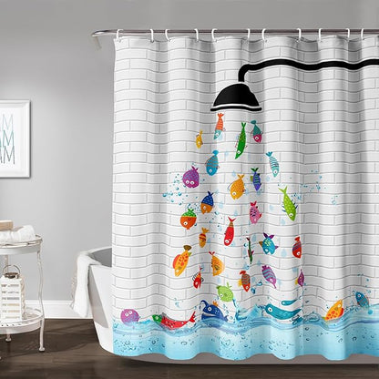 AILONEN Cute Fish Shower Curtain for Kids 72" W*96" H Inch,Raining Fish Playing Water Shower Curtains,12 Pack Hooks Polyester Waterproof Fabric Decor for Bathroom Bathtub Panels