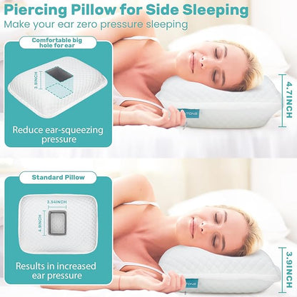 Ear Piercing Pillow with Holes for Ear Pain CNH Side Sleepers, Adjustable Memory Foam Ear Pillow for Ear Discomfor, Earrings, Noise-Canceling Earplugs, Headphones, Enjoy Sound Sleep