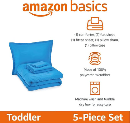 Amazon Basics 5 Piece Microfiber Kid's Bed-in-a-Bag Bedding Set, Toddler, Blue, Solid