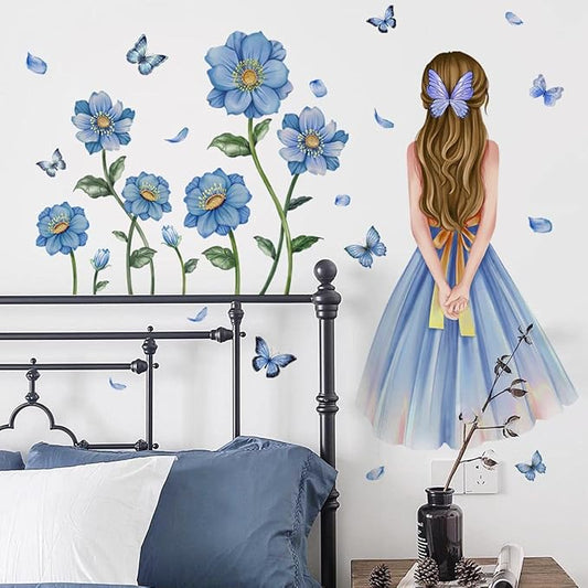 Baby Girl Wall Decals Blue Flower Butterfly Wall Sticker DIY Butterfly Wall Decals Removable Vinyl Peel and Stick for Kids Baby Nursery Bedroom Playroom Art Decoration