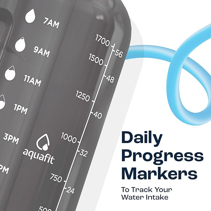 AQUAFIT 64 oz Water Bottle with Time Marker - BPA Free Half Gallon Water Bottle with Straw - Gym Water Bottle with Handle, Gallon Water Jug, Big Water Bottle, Large Water Bottle (Gray, 2in1 Lid)