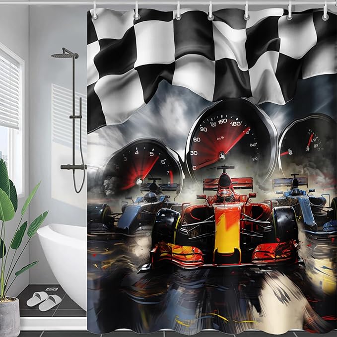 AILONEN Racing Car Shower Curtains,Checkered Speed Car Bath Curtains Gifts for Racer,Polyester Waterproof for Bathroom with 12 Plastic Hooks 60" W*72" H
