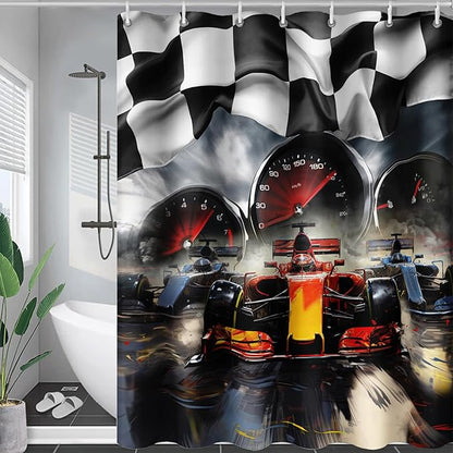 AILONEN Racing Car Shower Curtains,Checkered Speed Car Bath Curtains Gifts for Racer,Polyester Waterproof for Bathroom with Plastic Hooks 36" W*72" H