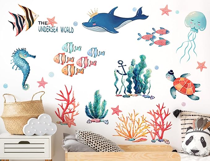 8 Sheets Under The Sea World Wall Decals Ocean Animals Wall Decals Removable DIY Ocean Fish Seahorse Coral Turtle Wall Decor for Kids Baby Bathroom Bedroom Living Room Playroom TV Wall Decor