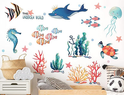 8 Sheets Under The Sea World Wall Decals Ocean Animals Wall Decals Removable DIY Ocean Fish Seahorse Coral Turtle Wall Decor for Kids Baby Bathroom Bedroom Living Room Playroom TV Wall Decor