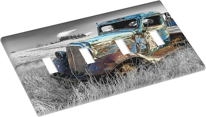 Vintage Country Old Blue Truck Quad Toggle Light Switch Cover Decorative Rustic Automobile 4 Gang Wall Plate Electrical Faceplate Switchplate for Farmhouse Bathroom Bedroom Living Room Decor