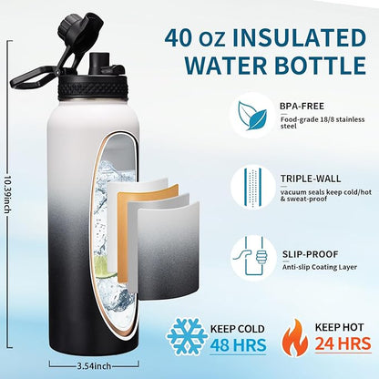 Insulated Water Bottle 40OZ - Cold-48h Hot-24h, Sweat-Proof, Large Stainless Water Bottle with Paracord Handle, Straw Spout Lid, Carrying Pouch & Protective Boot, Office Gym Flask Waterbottle