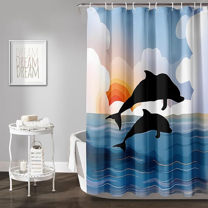 AILONEN Cartoon Dolphin Shower Curtain,Jumping Dolphin Bathroom Curtains for Kids,Girls,Sunset by The Sea Theme Shower Curtains Set with Hooks for Bathroom,72" W*84" H
