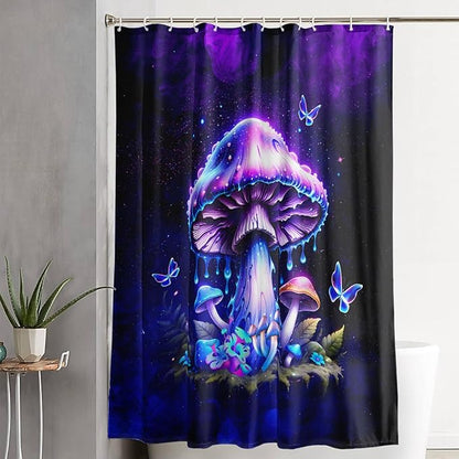 AILONEN Magic Mushroom Shower Curtain,Blue Butterfly Waterproof Fabric Bath Curtain for Kids Girl,Boho Style Shower Curtain Set for Bathroom,Natural Fungal Shower Curtain with Hooks 60" W*72" H