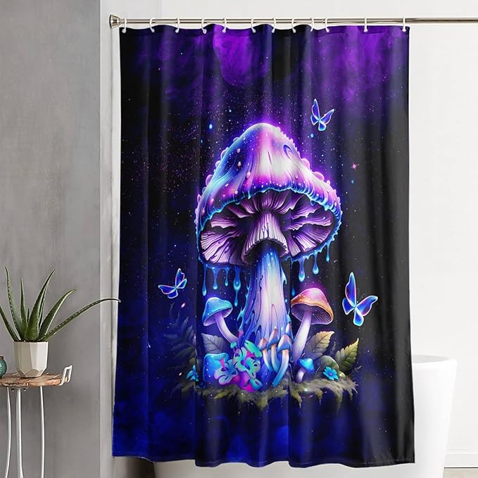 AILONEN Magic Mushroom Shower Curtain,Blue Butterfly Waterproof Fabric Bath Curtain for Kids Girl,Boho Style Shower Curtain Set for Bathroom,Natural Fungal Shower Curtain with Hooks 36" W*72" H