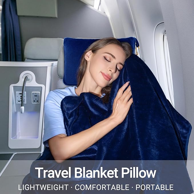 3 in 1 Travel Pillow and Blanket Set, Premium Soft 300 GSM Thick Airplane Blanket Compact with Bag for Long Trips Essentials, Hand Luggage Sleeve and Backpack Clip (Navy)