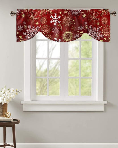 Christmas Blackout Tie Up Valance Curtains for Kitchen Windows Snowflake Pattern Window Toppers Balloon Shades for Living Room/Bathroom/Bedroom,1 Panel,42" X 12" Gold White