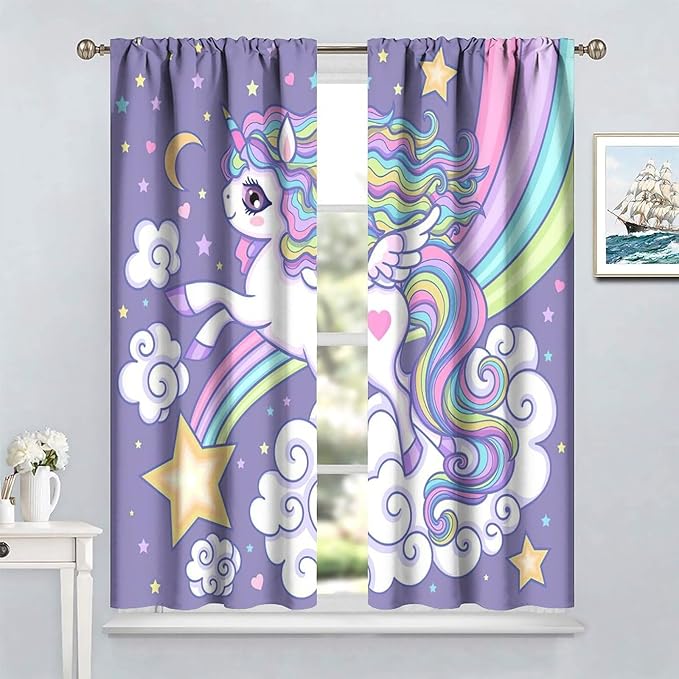 Kids Unicorn Curtains Purple Cartoon Rainbow Cartoon Room Blackout Curtains Boys Girls Baby Room Decor Curtains Living Room Decor 72x63 Inch 2 Panels