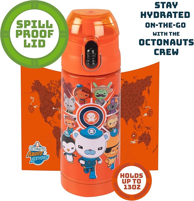 Octonauts Above & Beyond Orange Stainless Steel 13 oz Insulated Water Bottle for Kids - Spill Proof Lid, Easy to Use, Reusable - Keep Liquids Hot/Cold For Hours -Perfect for Travel, School, On-The-Go