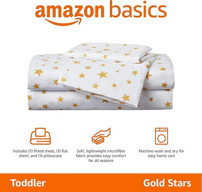 Amazon Basics Kid's Soft Easy-Wash Lightweight Microfiber 3-Piece Sheet Set, Toddler, Multi Color, Starry Stars