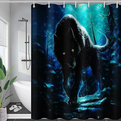 AILONEN Wolf Shower Curtain,Evening Moon Wolf Bath Curtain Gifts for Kids Boys Girls,Safari Wolf Polyester Waterproof with 12 Plastic Hooks 60" W*72" H