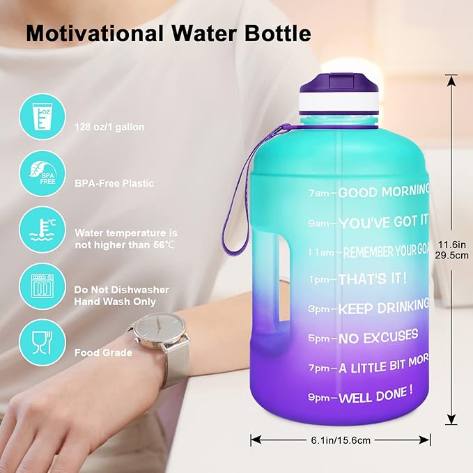 QuiFit Motivational Gallon Water Bottle - with Straw & Time Marker BPA Free Large Reusable Sport Water Jug with Handle for Fitness Outdoor Enthusiasts Leak-Proof