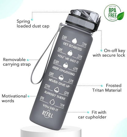 32oz Motivational Water Bottle with Time Marker & Fruit Strainer, Leak-proof BPA Free Non-Toxic 1l Bottle with Carrying Strap, Perfect for Fitness, Gym and Outdoor Sports (Graphite)
