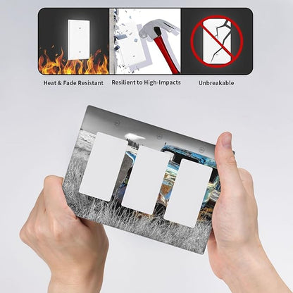 Vintage Country Old Blue Truck 3 Gang Rocker Light Switch Plate Rustic Automobile Triple Decora Outlet Wall Plate Cover Faceplate Decorative Switchcovers GFCI for Bathroom Bedroom Livingroom Decor