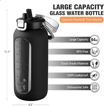 kytffu 64 oz Glass Water Bottle with Straw and Stainless Steel Handle, Half Gallon Water Bottle with Silicone Sleeve and Time Marker, 2L Large Glass Bottle for Gym, School, Travel, Leak-proof (Black)
