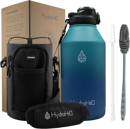 64 oz Insulated Water Bottle With Straw Pop-up & Auto Spout Lid, Flex Handel, Waterbottle Strap Carrier, Half Gallon Stainless Steel Water bottle (Green-Blue Gradient)