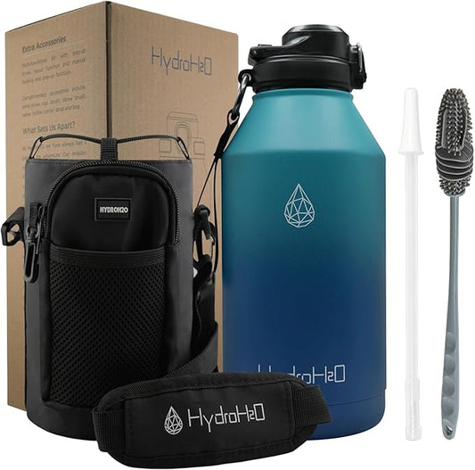 64 oz Insulated Water Bottle With Straw Pop-up & Auto Spout Lid, Flex Handel, Waterbottle Strap Carrier, Half Gallon Stainless Steel Water bottle (Green-Blue Gradient)