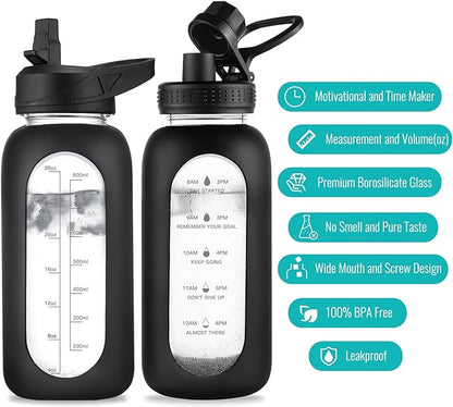 32 oz Glass Water Bottle with Straw and Handle, Sports Motivational Water Flask with Silicone Sleeve, Large Leakproof Water Flask Cup with Time Marker for Travel, Gym, Sage