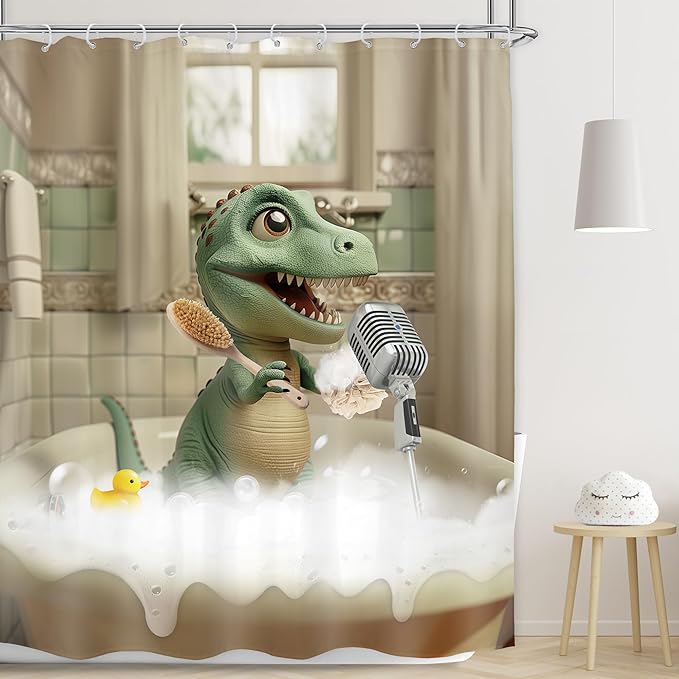 LGhtyro Kids Funny Dinosaur Shower Curtain Bathroom Set 60Wx71H Inches Boys Cartoon Dino Singing in Bathtub Cute Trex Animal Raptor Child Bath Accessories Bubbles Art Home Decor Fabric 12 Pack Hooks